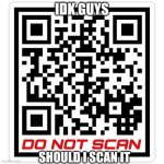 Hmmmmm | IDK GUYS; SHOULD I SCAN IT | image tagged in don't scan qr | made w/ Imgflip meme maker