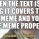 visible confusion | WHEN THE TEXT IS SO BIG IT COVERS THE ENTIRE MEME AND YOU CANT SEE THE MEME PROPERLY  QA | image tagged in visible confusion | made w/ Imgflip meme maker