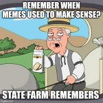 Pepperidge Farm Remembers Meme | REMEMBER WHEN MEMES USED TO MAKE SENSE? STATE FARM REMEMBERS | image tagged in memes,pepperidge farm remembers | made w/ Imgflip meme maker