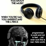 https://www.youtube.com/watch?v=Yw6u6YkTgQ4 its sad tho if you think about it | programmed to work and not to feel. ...not even sure this is real. Hello world. | image tagged in when your sad you understand the lyrics,hello world | made w/ Imgflip meme maker
