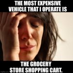 Expensive wheels | THE MOST EXPENSIVE VEHICLE THAT I OPERATE IS THE GROCERY STORE SHOPPING CART. | image tagged in memes,first world problems | made w/ Imgflip meme maker