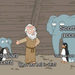 . | Scottish accent; Texan accent; Australian accent | image tagged in what the hell is this,memes,unfunny | made w/ Imgflip meme maker