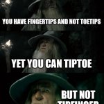 Critical thinking there, Gandalf | YOU HAVE FINGERTIPS AND NOT TOETIPS YET YOU CAN TIPTOE BUT NOT TIPFINGER | image tagged in memes,confused gandalf | made w/ Imgflip meme maker