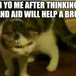 Buffering cat | 3 YO ME AFTER THINKING A BAND AID WILL HELP A BRUISE | image tagged in buffering cat | made w/ Imgflip meme maker