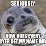 Awkward Moment Sealion | SERIOUSLY HOW DOES EVERY EMPLOYER GET MY NAME WRONG? | image tagged in memes,awkward moment sealion | made w/ Imgflip meme maker