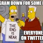 instagram down | INSTAGRAM DOWN FOR SOME HOURS; EVERYONE ON TWITTER: | image tagged in homer simpson the end is near | made w/ Imgflip meme maker