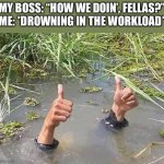 flood no worries | MY BOSS: “HOW WE DOIN’, FELLAS?”
ME: *DROWNING IN THE WORKLOAD* | image tagged in flood no worries | made w/ Imgflip meme maker