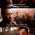 So hard to get to the front page without a gif lol | I looked forward in time, i saw 69,420 futures. How many did my meme get to first page in the fun stream? One. | image tagged in doctor strange | made w/ Imgflip meme maker