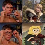 An Astrid and Sasha meme featuring Spider-Man | image tagged in peter parker's glasses,amphibia,how to train your dragon,how to train your dragon 3,spiderman peter parker,tobey maguire | made w/ Imgflip meme maker