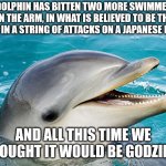 Dolphin | A DOLPHIN HAS BITTEN TWO MORE SWIMMERS ON THE ARM, IN WHAT IS BELIEVED TO BE THE LATEST IN A STRING OF ATTACKS ON A JAPANESE BEACH. AND ALL THIS TIME WE THOUGHT IT WOULD BE GODZILLA | image tagged in dolphin,japan,godzilla | made w/ Imgflip meme maker