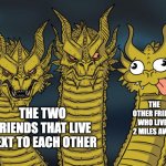 the 3 friends in the group | THE TWO FRIENDS THAT LIVE NEXT TO EACH OTHER THE OTHER FRIEND WHO LIVES 2 MILES AWAY | image tagged in three-headed dragon | made w/ Imgflip meme maker