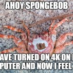 mr krabs turns on hd | AHOY SPONGEBOB; I HAVE TURNED ON 4K ON MY COMPUTER AND NOW I FEEL SICK | image tagged in ahoy spongebob | made w/ Imgflip meme maker