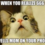 It really does though | WHEN YOU REALIZE 666 SPELLS MOM ON YOUR PHONE | image tagged in memes,scared cat,funny,ironic,disturbed | made w/ Imgflip meme maker