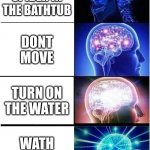 Expanding Brain Meme | SEE A SPIDER IN THE BATHTUB DONT MOVE TURN ON THE WATER WATH IT DROWN | image tagged in memes,expanding brain | made w/ Imgflip meme maker