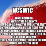 Red wave | NCSWIC; MORE COMING?
WHY IS THIS RELEVANT?
HOW DO YOU 'SHOW' THE PUBLIC THE TRUTH?
HOW DO YOU 'SAFEGUARD' US ELECTIONS POST-POTUS?
HOW DO YOU 'REMOVE' FOREIGN INTERFERENCE AND CORRUPTION AND 
INSTALL US-OWNED VOTER ID LAW(S) AND OTHER SAFEGUARDS? 
IT HAD TO BE THIS WAY.
SOMETIMES YOU MUST WALK THROUGH THE DARKNESS
 BEFORE YOU SEE THE LIGHT. | image tagged in red wave | made w/ Imgflip meme maker