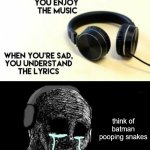 When your sad you understand the lyrics | think of batman pooping snakes | image tagged in when your sad you understand the lyrics,batman,snakes,poop,unfunny | made w/ Imgflip meme maker