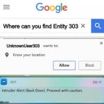 RUNNNN | Where can you find Entity 303; UnknownUser303 | image tagged in x wants to know your location intruder alert | made w/ Imgflip meme maker