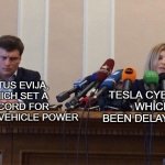 Man and woman microphone | LOTUS EVIJA, WHICH SET A RECORD FOR ELECTIC VEHICLE POWER TESLA CYBERTRUCK, WHICH HAS BEEN DELAYED 5 TIMES | image tagged in man and woman microphone,memes,funny,tesla,cybertruck | made w/ Imgflip meme maker