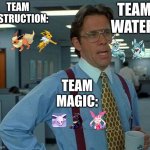 The eeveelution warfare: teams | TEAM DESTRUCTION: TEAM WATER: TEAM MAGIC: | image tagged in memes,that would be great | made w/ Imgflip meme maker