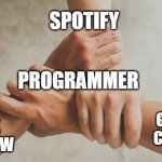 programmer | SPOTIFY; PROGRAMMER; GITHUB COPILOT; STACK OVERFLOW | image tagged in three hands holding,programming,programmers,technology,memes,humor | made w/ Imgflip meme maker