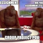 welcome to school | DID YOU FINISH ASSIGNMENT ITS DUE TOMMOROW; WE HAD A ASSIGNMENT; GROUP PROJECT POV: | image tagged in orangutan interview | made w/ Imgflip meme maker