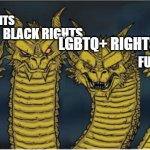 Rights | WOMEN'S RIGHTS; BLACK RIGHTS; LGBTQ+ RIGHTS; FURRY RIGHTS | image tagged in four headed dragon | made w/ Imgflip meme maker