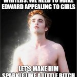 twilight | WRITERS: WE NEED TO MAKE EDWARD APPEALING TO GIRLS; LET'S MAKE HIM SPARKLE LIKE A LITTLE BITCH | image tagged in twilight | made w/ Imgflip meme maker