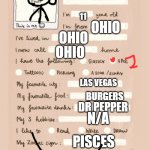my info | TORI; N/A; OHIO; 11; OHIO; OHIO; LAS VEGAS; BURGERS; DR PEPPER; N/A; PISCES | image tagged in hello i'm___ | made w/ Imgflip meme maker
