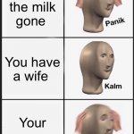 POV | All the milk gone You have a wife Your gay | image tagged in memes,panik kalm panik | made w/ Imgflip meme maker