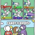 Why are blue-colored candies not blueberry? | Orange; Cherry; Lime; Blue Raspberry; Grape; Lemon; CANDY FLAVORS | image tagged in power ranger teletubbies,candy,blue raspberry | made w/ Imgflip meme maker
