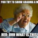 Grandma Finds The Internet | POV: YOU TRY TO SHOW GRADMA A MEME HER: UHH WHAT IS THIS | image tagged in memes,grandma finds the internet | made w/ Imgflip meme maker