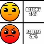 geometry dash difficulty faces | BATTERY 90%; BATTERY 70%; BATTERY 45%; BATTERY 20%; BATTERY 1%; U WANTED TO CHARGE IT BUT NO CHARGING CABLES | image tagged in geometry dash difficulty faces | made w/ Imgflip meme maker