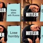 True | Make allies with Russia Betray them Lose horribly Lose horribly HITLER HITLER HITLER HITLER | image tagged in memes,gru's plan | made w/ Imgflip meme maker