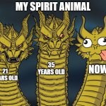 Three-headed Dragon | MY SPIRIT ANIMAL 21 YEARS OLD 35 YEARS OLD NOW | image tagged in three-headed dragon | made w/ Imgflip meme maker