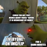 for god sake come on | COULD YOU NOT POST MEMES ABOUT FROGS "SAYING IT IS WEDNESDAY MY DUDES" EVERYONE ON IMGFLIP FOR 5 DAMN MINUTES | image tagged in could you not ___ for 5 minutes | made w/ Imgflip meme maker
