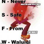 bully | WHEN YOU BUMP INTO A BULLY; THE BULLY | image tagged in never safe from waluigi | made w/ Imgflip meme maker