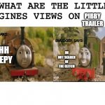 Smudger and duke react to Pibby trailer | PIBBY TRAILER; AHHH CREEPY; IM NOT SCARED OF THE GLITCH | image tagged in duke vs smudger version 2 | made w/ Imgflip meme maker