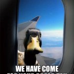 Pay or else duck Angy | WE HAVE COME FOR YOUR BREAD TAX | image tagged in duck on plane wing | made w/ Imgflip meme maker