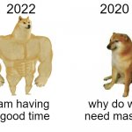 Buff Doge vs. Cheems Meme | 2022 2020 I am having a good time why do we need masks | image tagged in memes,buff doge vs cheems | made w/ Imgflip meme maker