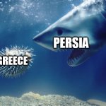 The Greco-Persian Wars In A Nutshell | PERSIA; GREECE | image tagged in shark and pufferfish,greco-persian wars,greece,persia,history,war | made w/ Imgflip meme maker