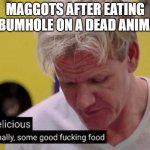 delicious finally some good | MAGGOTS AFTER EATING A BUMHOLE ON A DEAD ANIMAL | image tagged in delicious finally some good | made w/ Imgflip meme maker