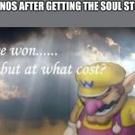Insert title here, | THANOS AFTER GETTING THE SOUL STONE | image tagged in i've won but at what cost | made w/ Imgflip meme maker