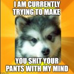 dog | I AM CURRENTLY TRYING TO MAKE; YOU SHIT YOUR PANTS WITH MY MIND | image tagged in baby courage wolf | made w/ Imgflip meme maker