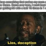 Lies, everywhere | Me: *does something that makes my mum angry*
Mum: Come. Come over here, I won't beat you
Me after getting hit with a belt 16 times in 1 minute: | image tagged in sw lies deception | made w/ Imgflip meme maker