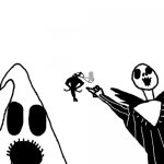 Oogie Boogie and Jack Skellington pointing at the stair creature meme