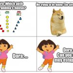 This is so funny! I never do that but some people did. | Dora: Which path to grandma's house? Me trying to be funny: The circle path! Dora: Can you say muy estupido? Dora: ... | image tagged in four panel rage comic,dora,dora the explorer,funny memes,relatable,so true memes | made w/ Imgflip meme maker