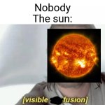 Lol | Nobody
The sun: | image tagged in visible confusion,astronomy,science,sun | made w/ Imgflip meme maker