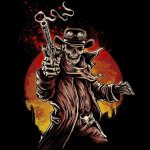 Cowboy Skeleton with smoking revolver meme