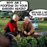BASIC GARDENING | WHY AM I POOPING IN YOUR GARDEN AGAIN? BECAUSE I NEED THE FERTILIZER | image tagged in picard and boothby squatting | made w/ Imgflip meme maker