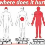 Where does it hurt | LIGHTSABER STABBING; HEADSHOT VIA BLASTER; NOT HAVING THE HIGH GROUND | image tagged in where does it hurt | made w/ Imgflip meme maker